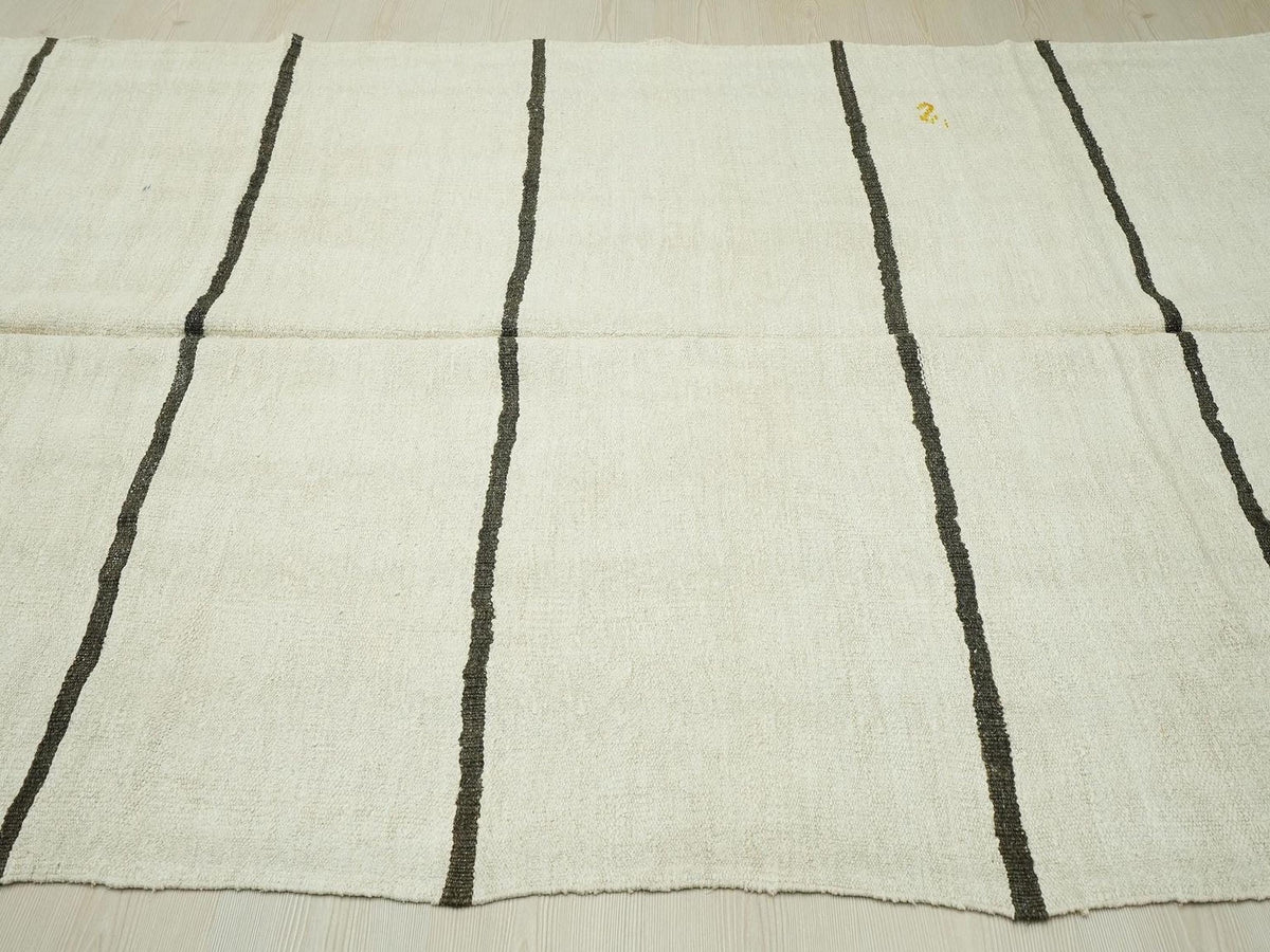 Turkish Organic Hemp Kilim Rug: Brown & White Stripe, Scandinavian Decor Rugs, 5,5"x11,3" Feet.