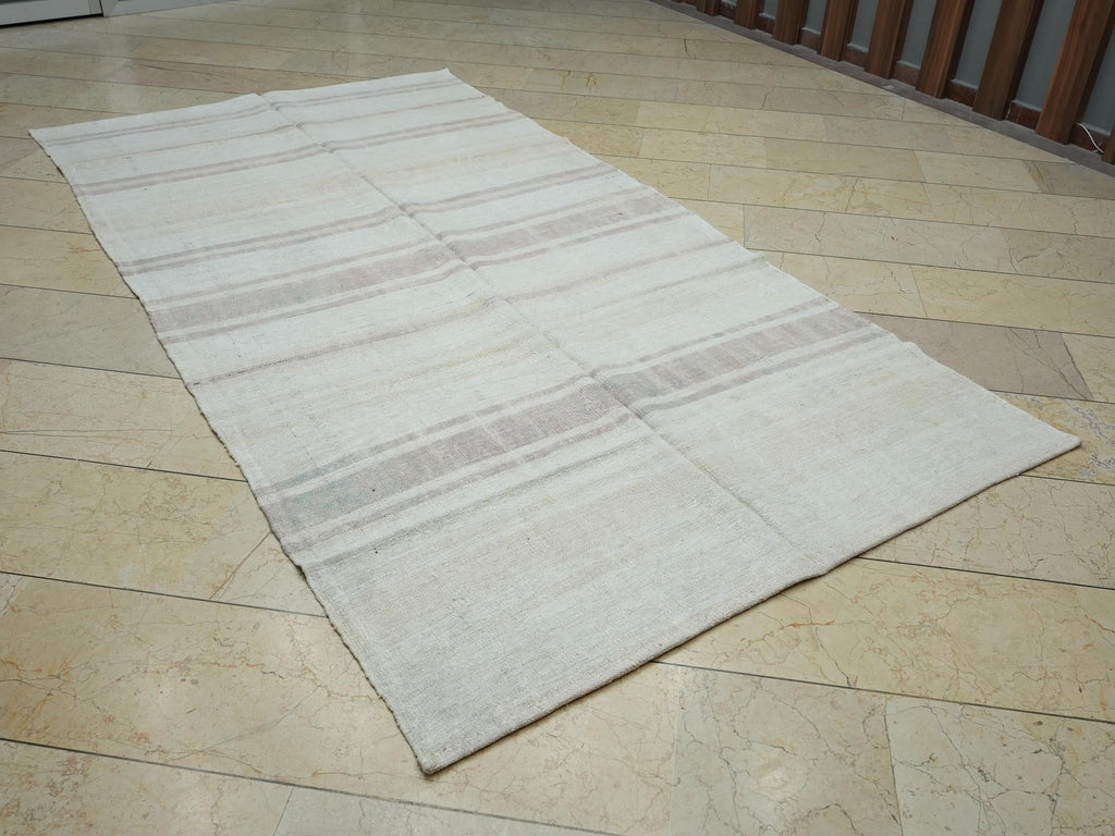 Striped Hemp Kilim Rug: Mid-Century Modern Flat Weave Rugs, 5,1"x9,5" Feet.