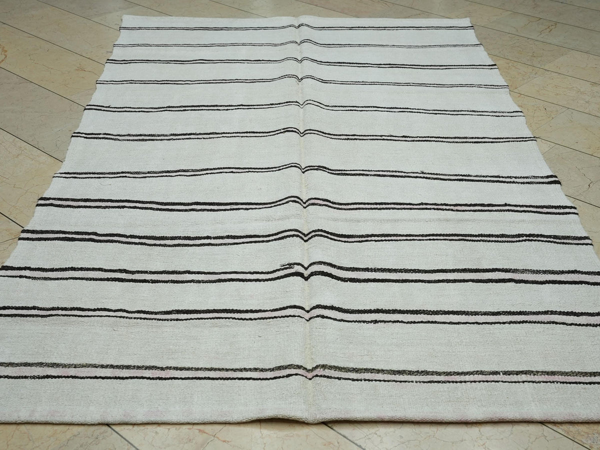 Striped Hemp Kilim Rug: 1960s Vintage Ethnic Rugs 5,3x8,6 Ft.