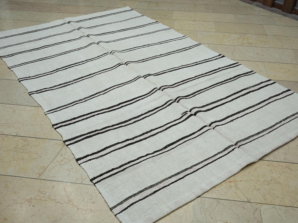 Striped Hemp Kilim Rug: 1960s Vintage Ethnic Rugs 5,3x8,6 Ft.