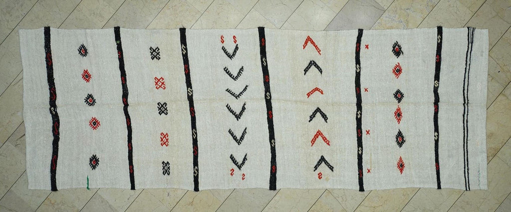 Eco-friendly Vintage Hemp Kilim Rug: 5x14 Minimalist Stripe Runner.