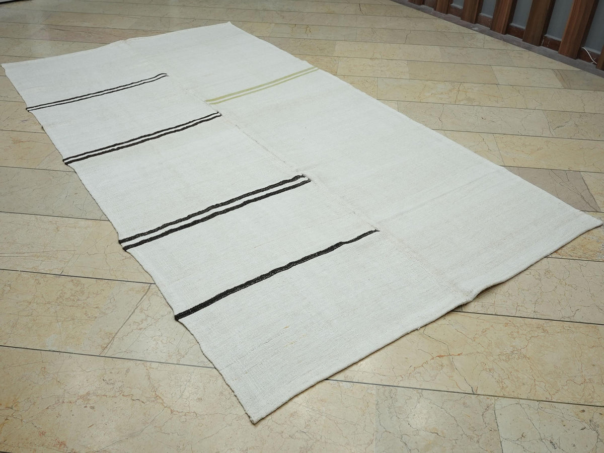 Vintage Turkish Hemp Kilim Rug: Minimalist Stripe Rugs, 5"x9.5" Feet.