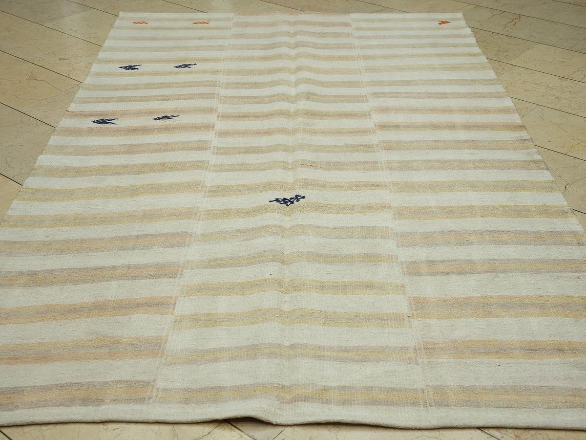 Vintage Striped Flat Weave Turkish Hemp Kilim Rug:5,2x8,4 Feet,Mid Century Modern Rugs
