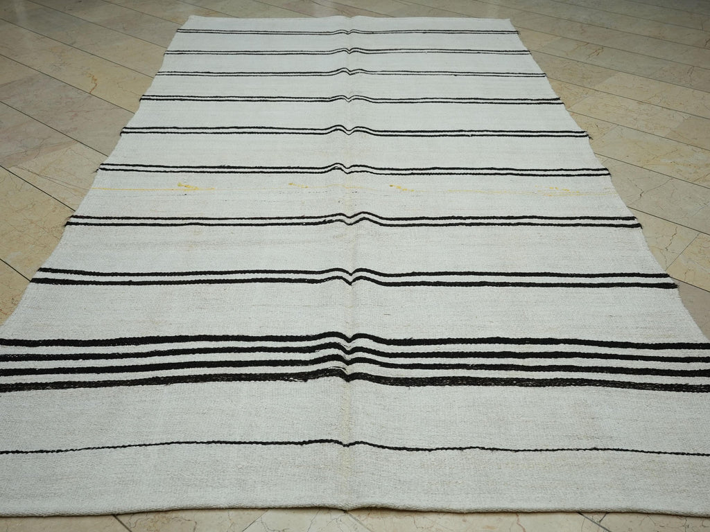 Dark Brown and Off White Striped Hemp Kilim Rug: 6"x11' Turkish Flat Woven Rugs.