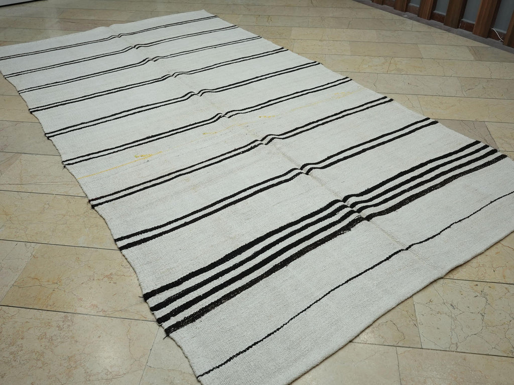Dark Brown and Off White Striped Hemp Kilim Rug: 6"x11' Turkish Flat Woven Rugs.