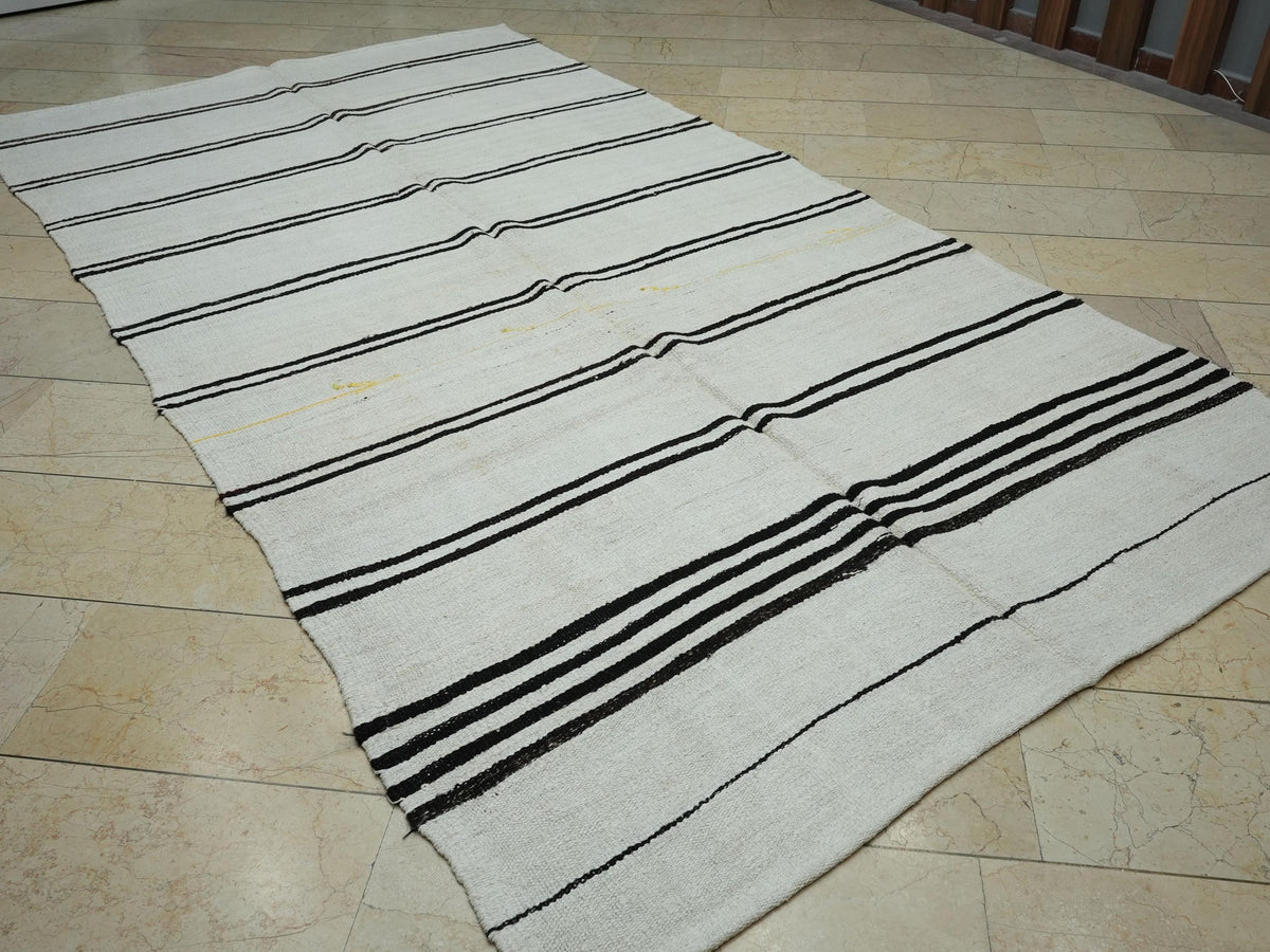 Dark Brown and Off White Striped Hemp Kilim Rug: 6"x11' Turkish Flat Woven Rugs.