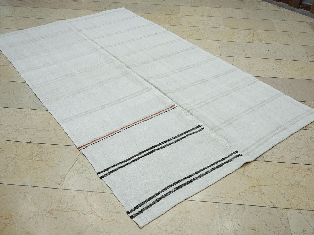 Mid Century Modern Hemp Kilim Rug 5x8: Flat Woven Organic Stripe Rugs