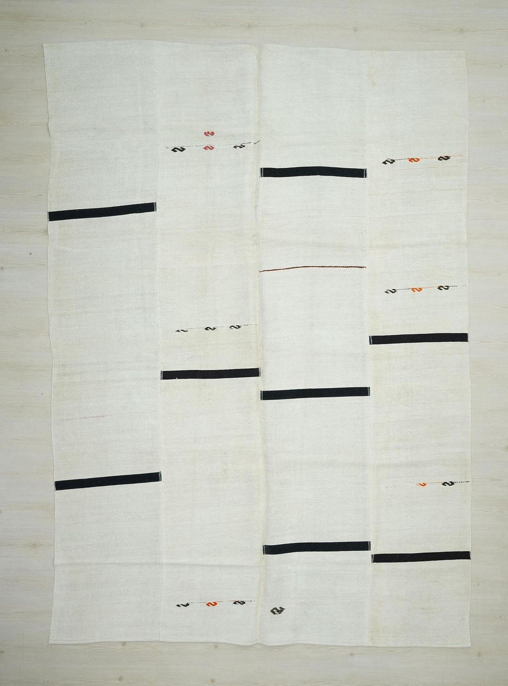 Off White Black Neutral Hemp Turkish Patchwork Kilim Rug: 8x11