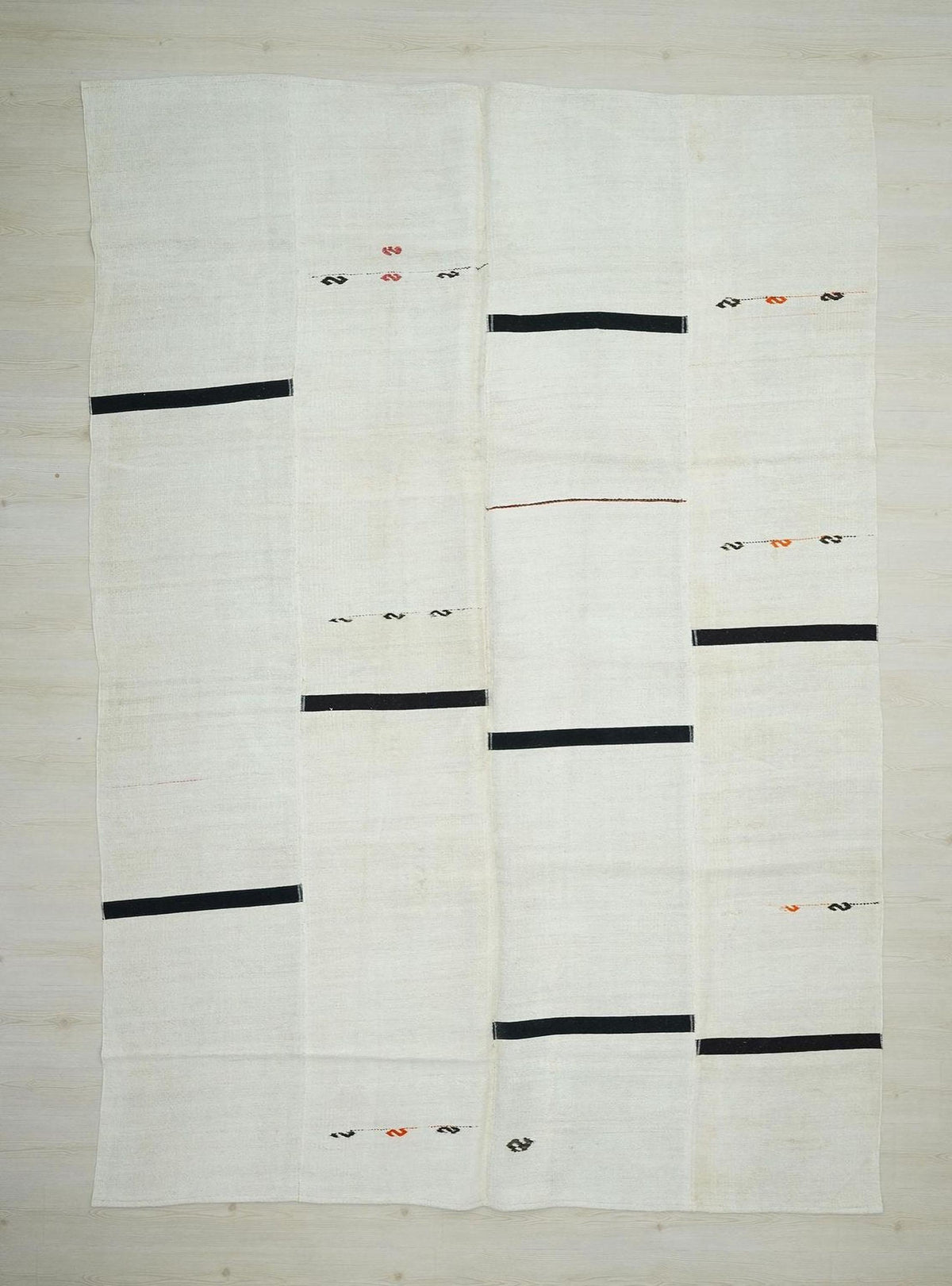 Off White Black Neutral Hemp Turkish Patchwork Kilim Rug: 8x11