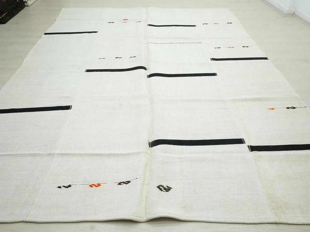 Off White Black Neutral Hemp Turkish Patchwork Kilim Rug: 8x11