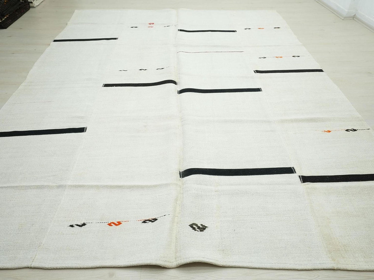 Off White Black Neutral Hemp Turkish Patchwork Kilim Rug: 8x11