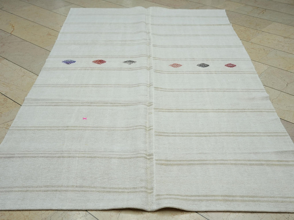 Minimalist Stripe Vintage Hemp Kilim Rug: Turkish Flat Woven Rugs, 5,2x8,8 Ft.