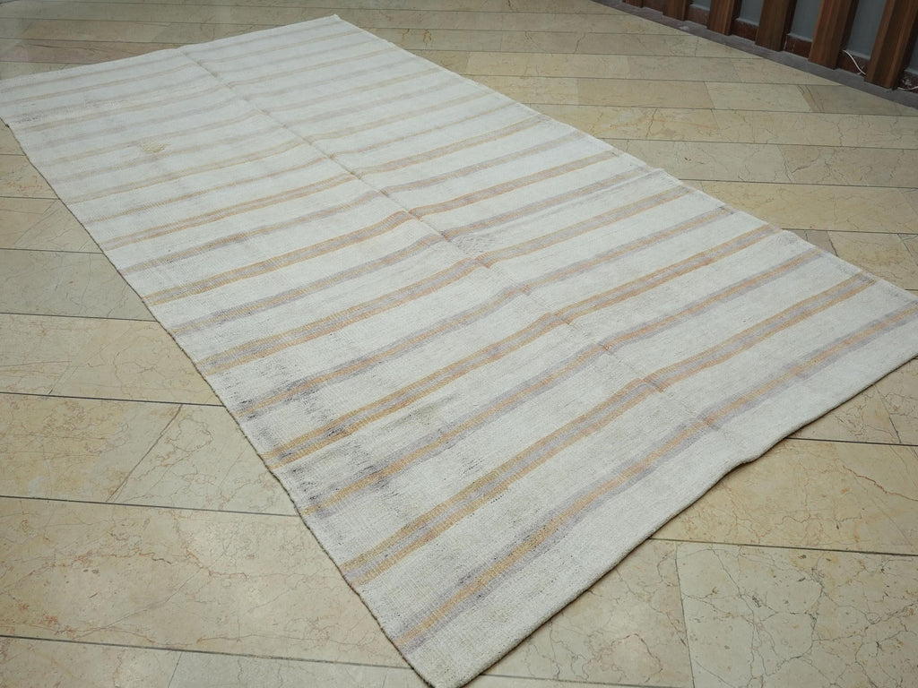 Terra-cotta Stripe Handmade Hemp Kilim Rug: Minimalist Flat Weave Rugs, 5.5"x10.6" Ft.