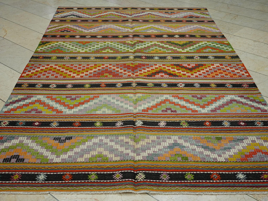Colorful Stripe Handmade Turkish Kilim Rug: 6x9.6 Flat Woven Wool Tribal Rugs
