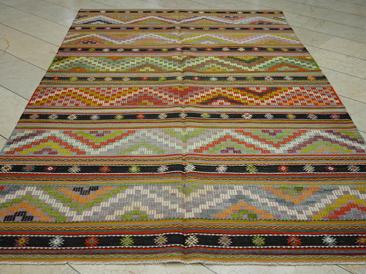 Colorful Stripe Handmade Turkish Kilim Rug: 6x9.6 Flat Woven Wool Tribal Rugs