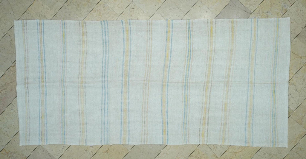 Yellow Stripe Beige Vintage Hemp Kilim Rug: Organic Flat Woven Rugs 5x11 Ft