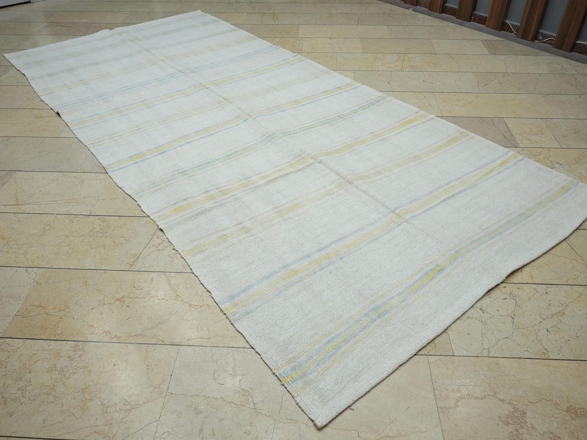 Yellow Stripe Beige Vintage Hemp Kilim Rug: Organic Flat Woven Rugs 5x11 Ft