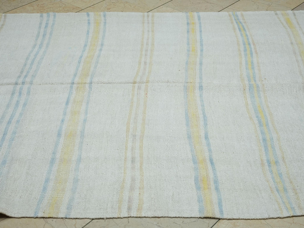 Yellow Stripe Beige Vintage Hemp Kilim Rug: Organic Flat Woven Rugs 5x11 Ft