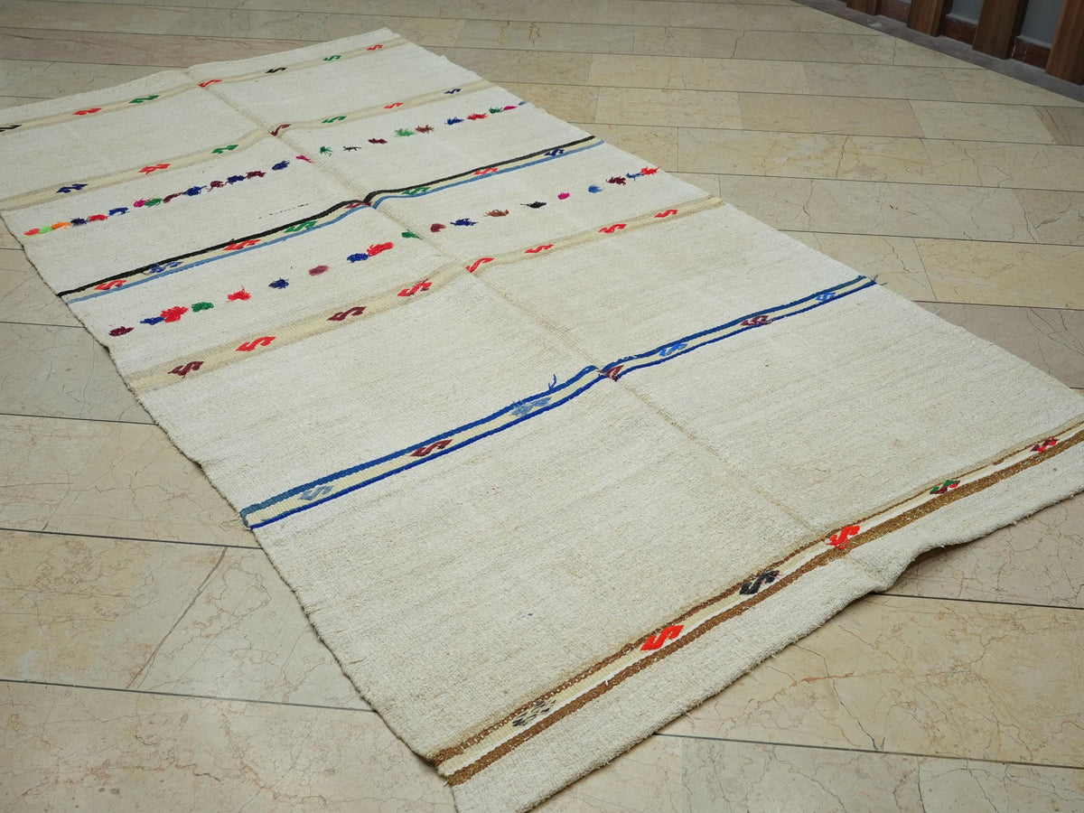 Mid Century Modern Striped Hemp Kilim Rug: 5" x 9.2" Flat Weave Turkish Rugs