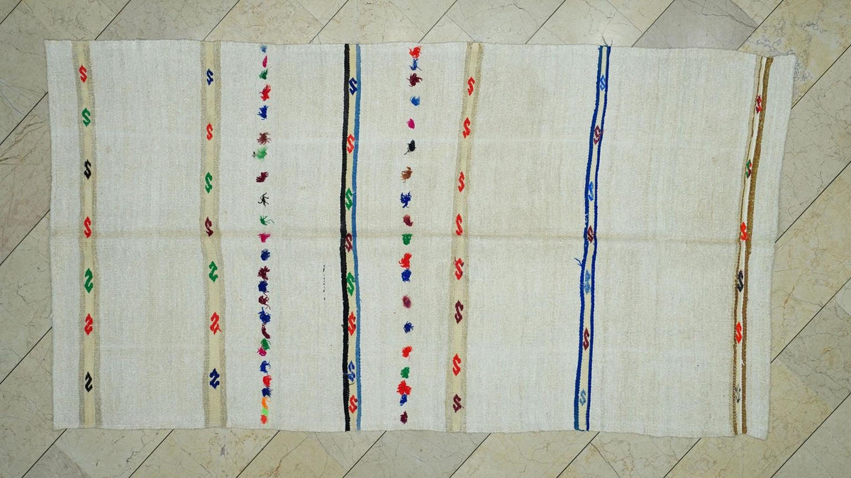 Mid Century Modern Striped Hemp Kilim Rug: 5" x 9.2" Flat Weave Turkish Rugs