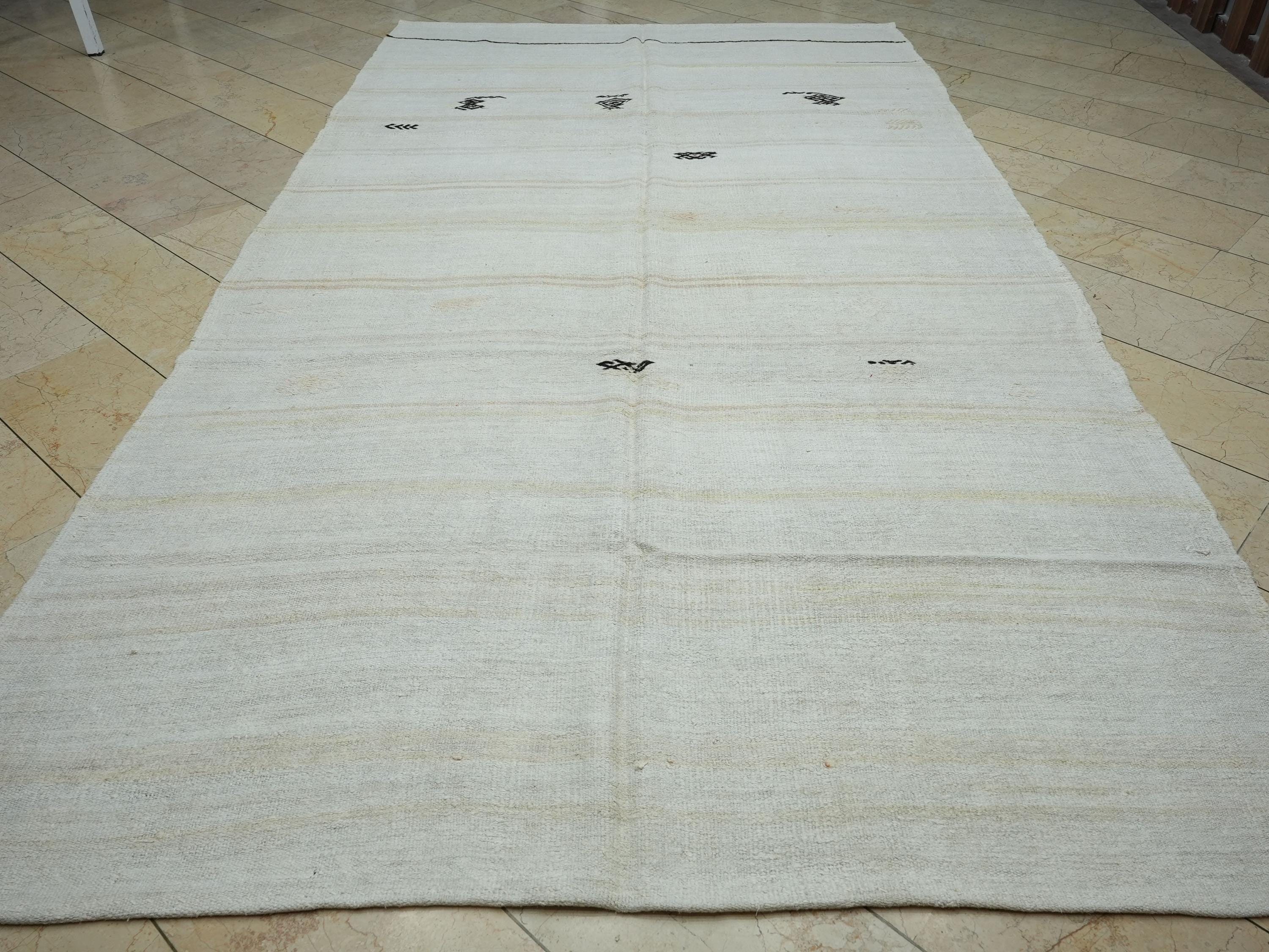 Artistic Embroidered Vintage Hemp Kilim Rug: Organic Stripe Pattern Rugs 7x13 Ft