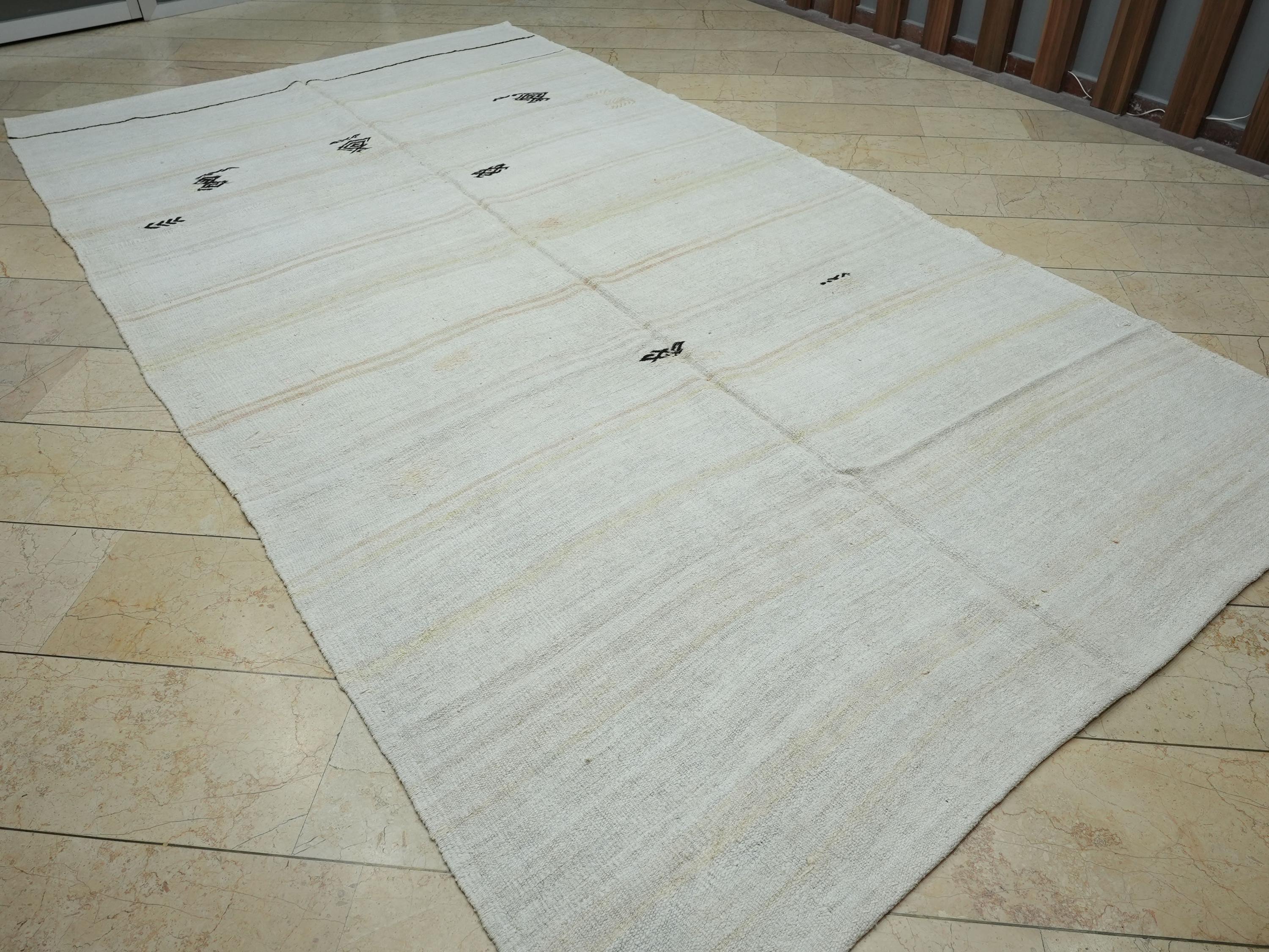 Artistic Embroidered Vintage Hemp Kilim Rug: Organic Stripe Pattern Rugs 7x13 Ft