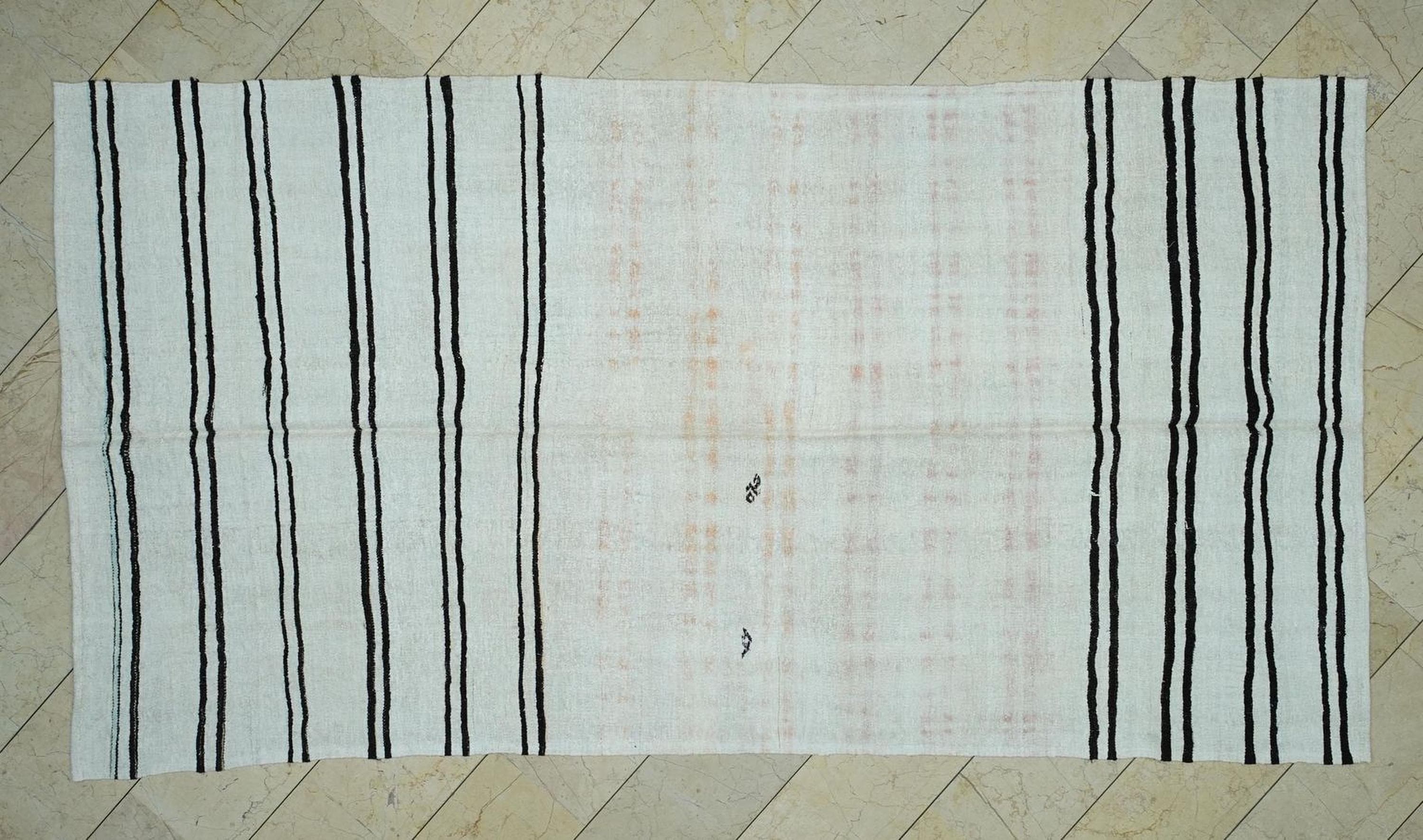 Abstract Flat Woven Hemp Kilim Rug: Mid-Century Modern Stripe Rugs 6x11 ft