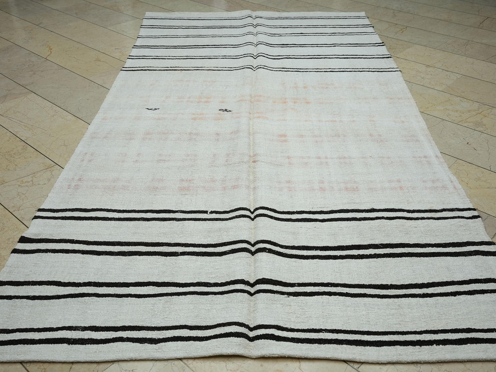 Abstract Flat Woven Hemp Kilim Rug: Mid-Century Modern Stripe Rugs 6x11 ft