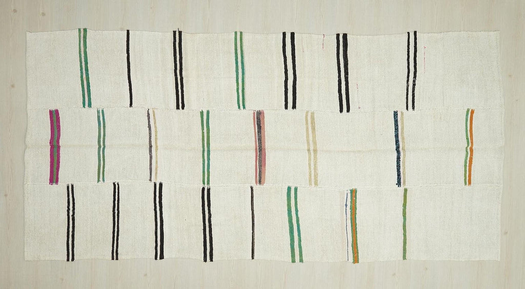 Vintage Hemp Kilim Rug: Broken Green Stripe Turkish Rugs 6x11 Ft