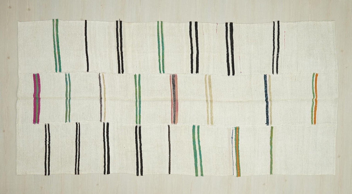 Vintage Hemp Kilim Rug: Broken Green Stripe Turkish Rugs 6x11 Ft