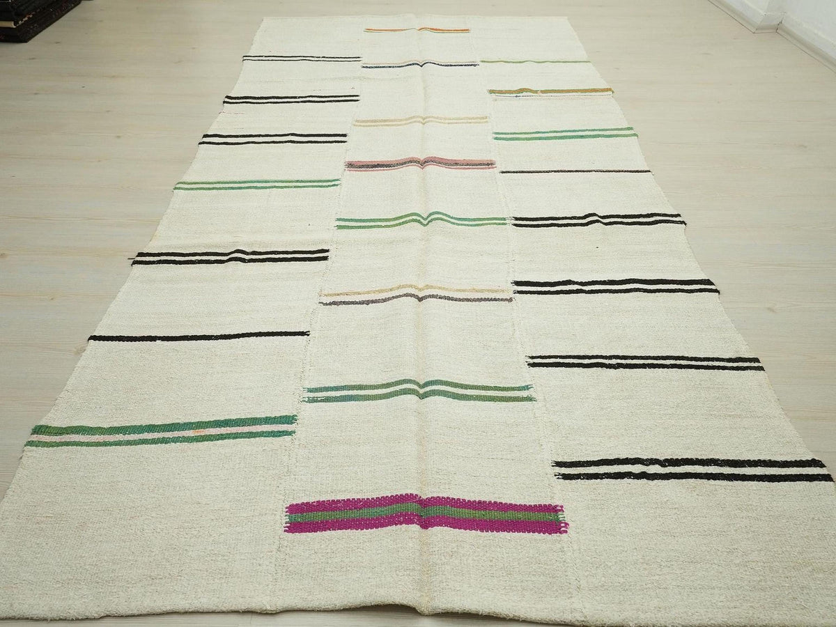 Vintage Hemp Kilim Rug: Broken Green Stripe Turkish Rugs 6x11 Ft