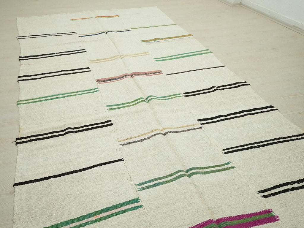 Vintage Hemp Kilim Rug: Broken Green Stripe Turkish Rugs 6x11 Ft