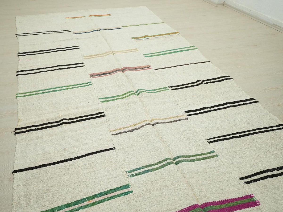 Vintage Hemp Kilim Rug: Broken Green Stripe Turkish Rugs 6x11 Ft