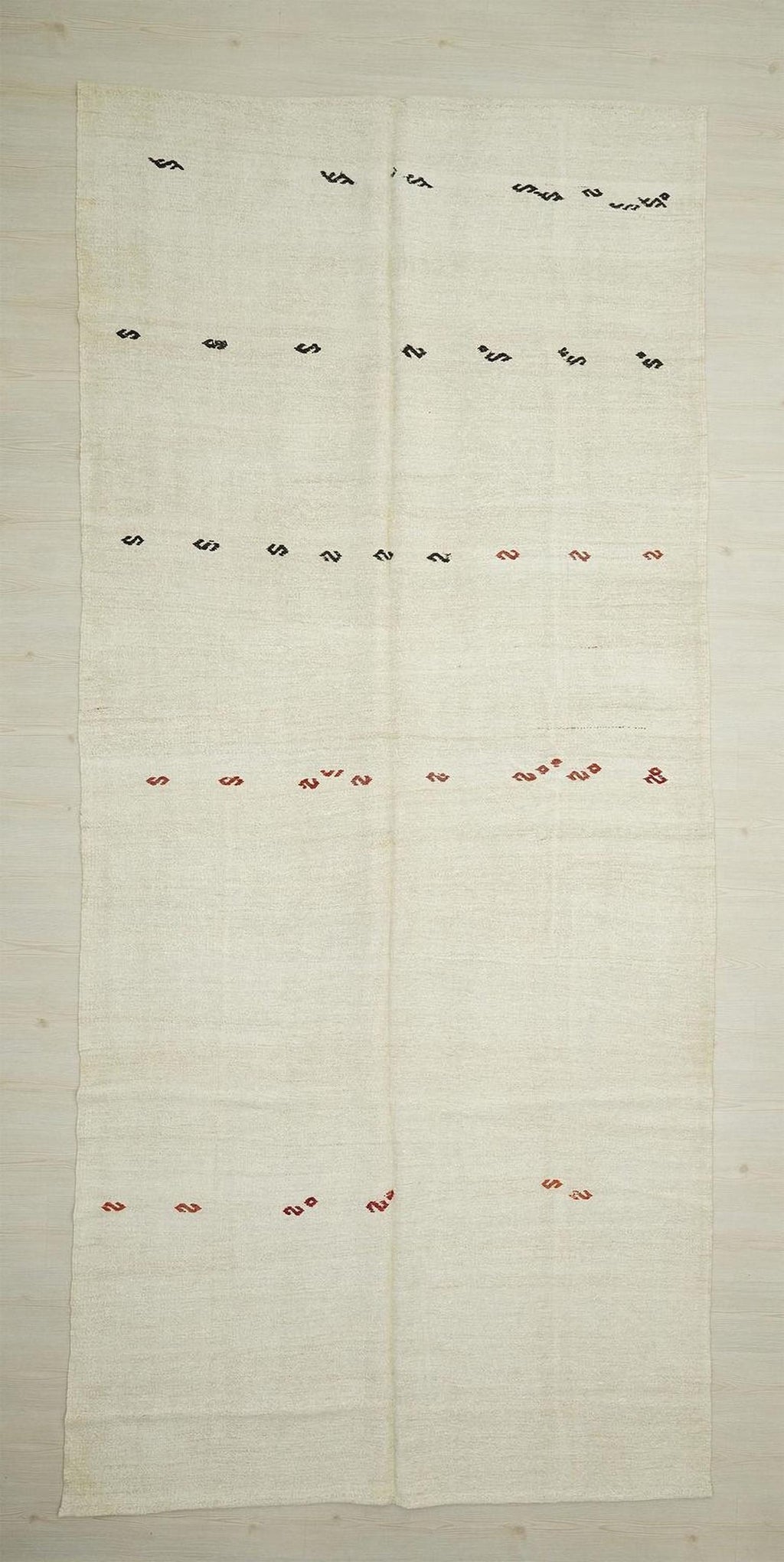 Neutral Vintage Turkish Hemp Kilim Rug: 6x13 Red Embroidered Rugs