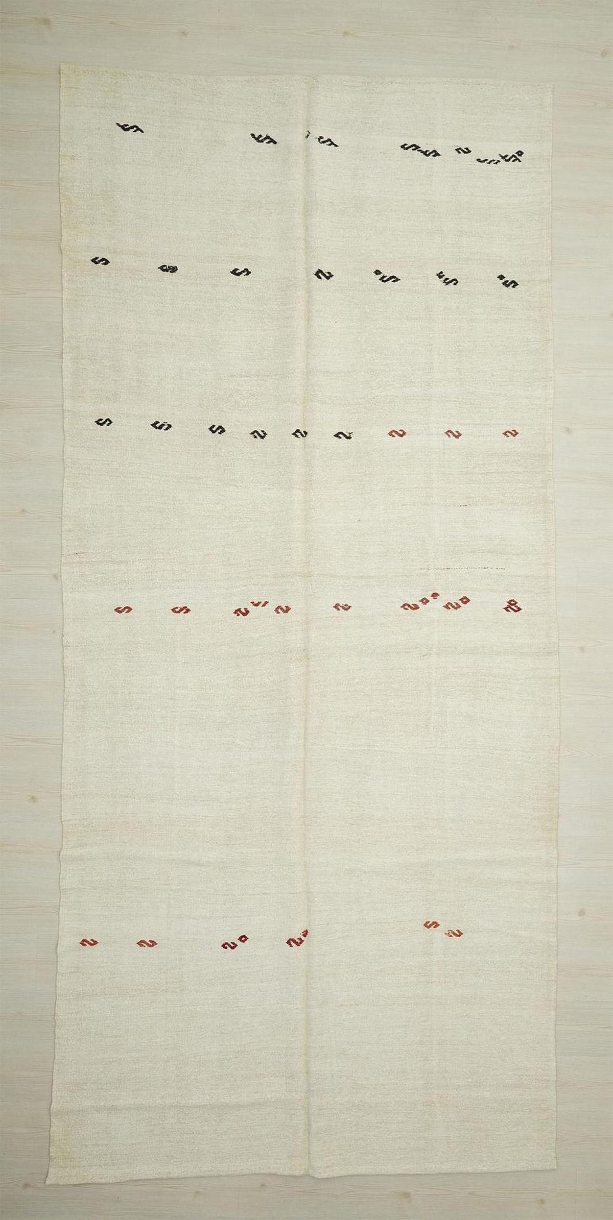 Neutral Vintage Turkish Hemp Kilim Rug: 6x13 Red Embroidered Rugs