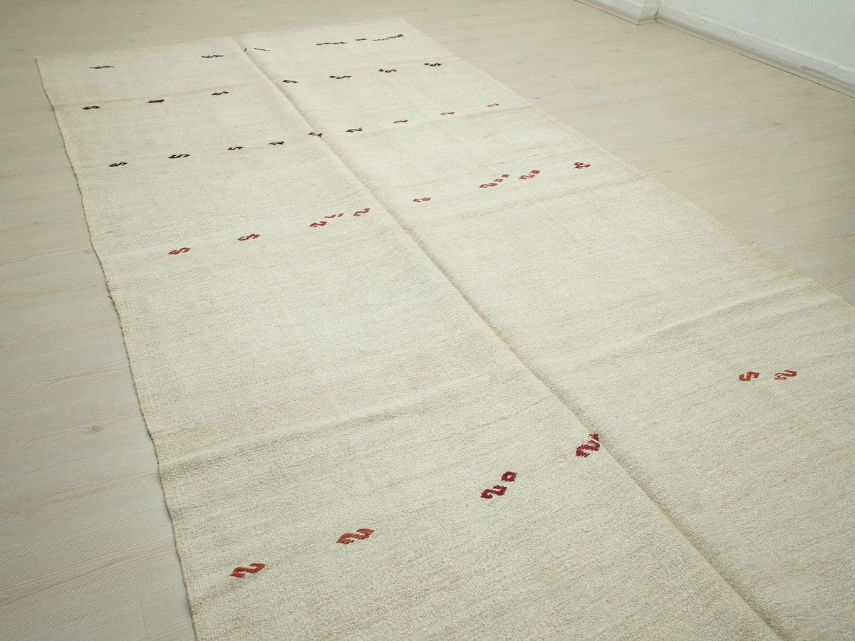Neutral Vintage Turkish Hemp Kilim Rug: 6x13 Red Embroidered Rugs