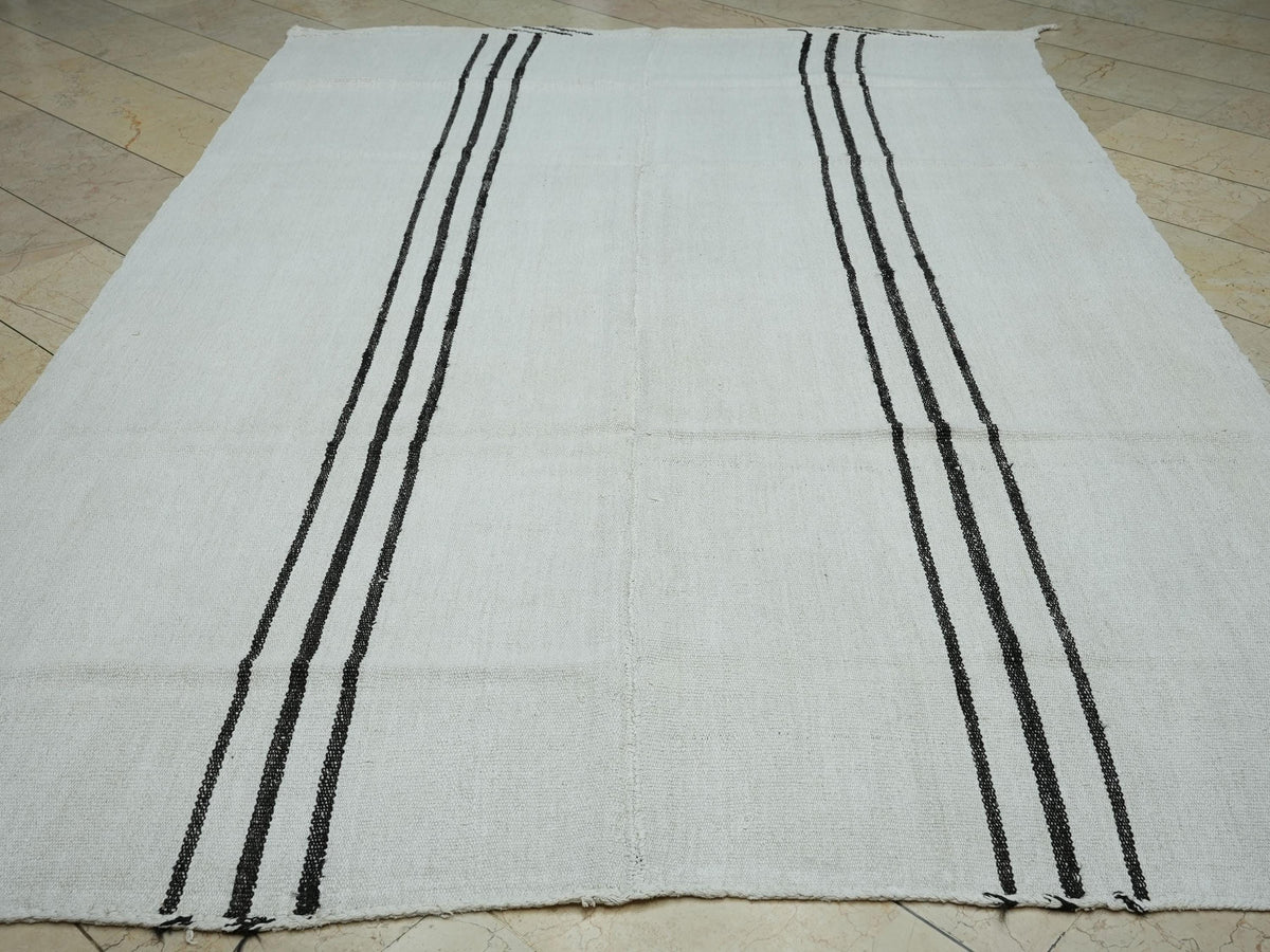 7x10 Vintage Turkish Hemp Kilim Rug: Minimalist Stripe Flat Woven Rugs