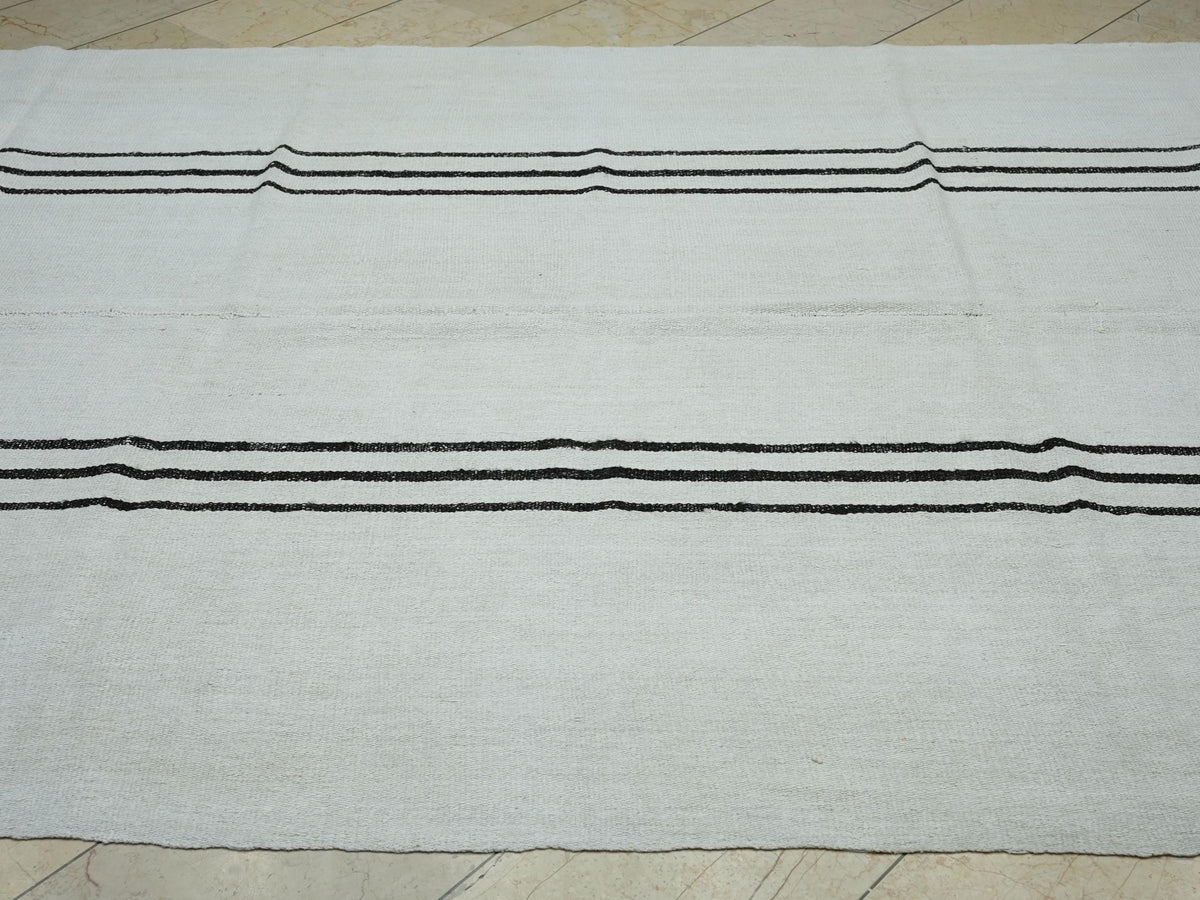 7x10 Vintage Turkish Hemp Kilim Rug: Minimalist Stripe Flat Woven Rugs