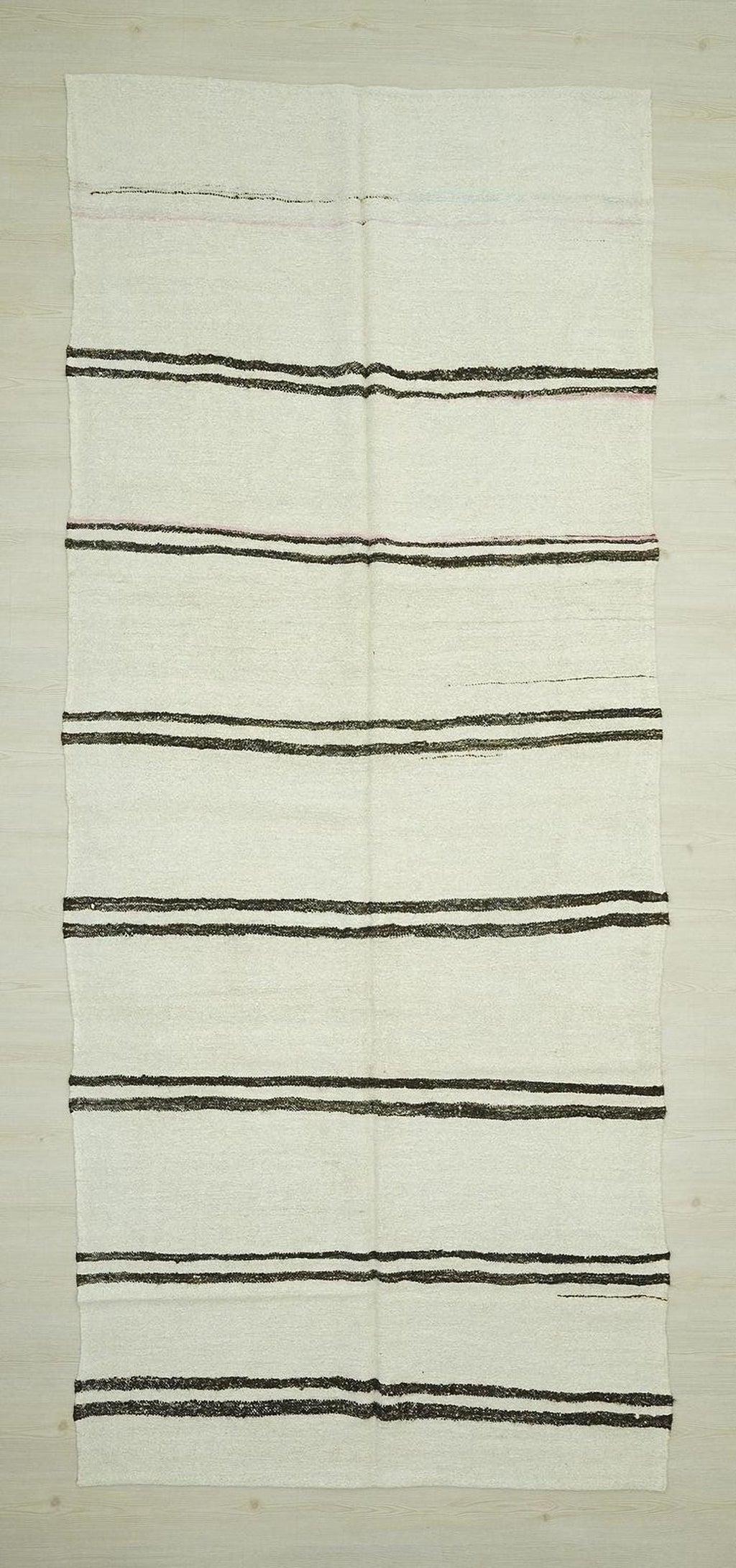 Summer Decor Stripe Turkish Hemp Kilim Rug: White & Brown Flat Woven Rugs,5x12 Feet.