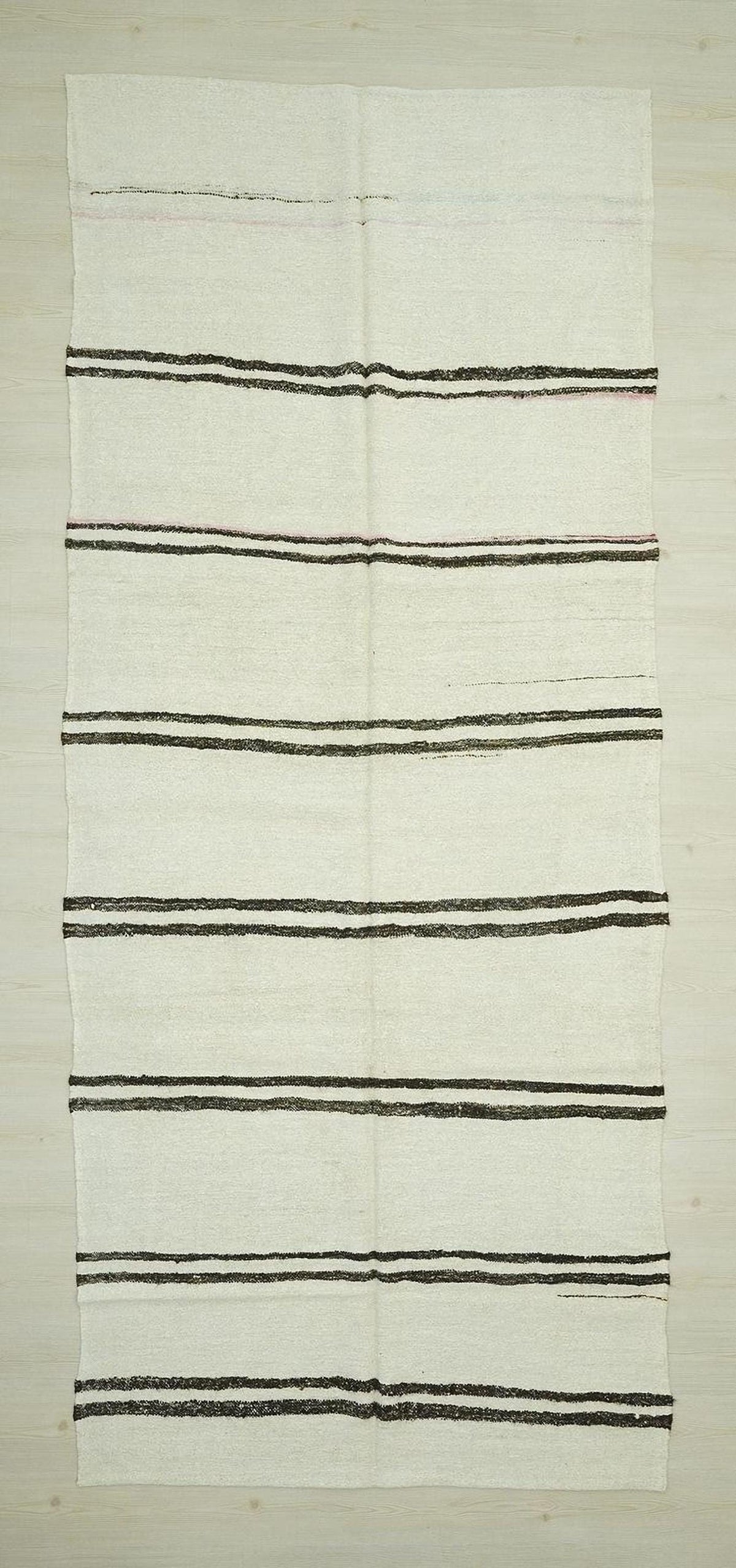 Summer Decor Stripe Turkish Hemp Kilim Rug: White & Brown Flat Woven Rugs,5x12 Feet.