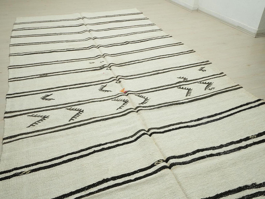 White & Dark Brown Stripe Hemp Kilim Rug: 7x13 Minimalist Decor Rugs