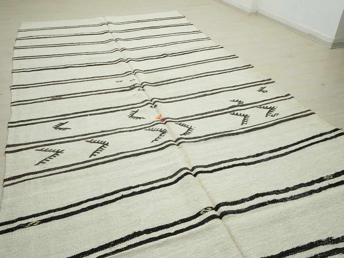 White & Dark Brown Stripe Hemp Kilim Rug: 7x13 Minimalist Decor Rugs