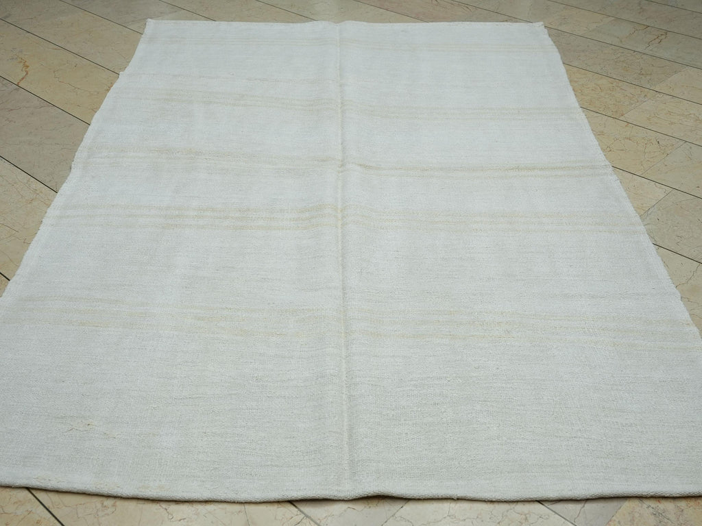 Eco-Friendly Minimalist Striped Vintage Hemp Kilim Rug: 5x8 Turkish Flat Woven Rugs.