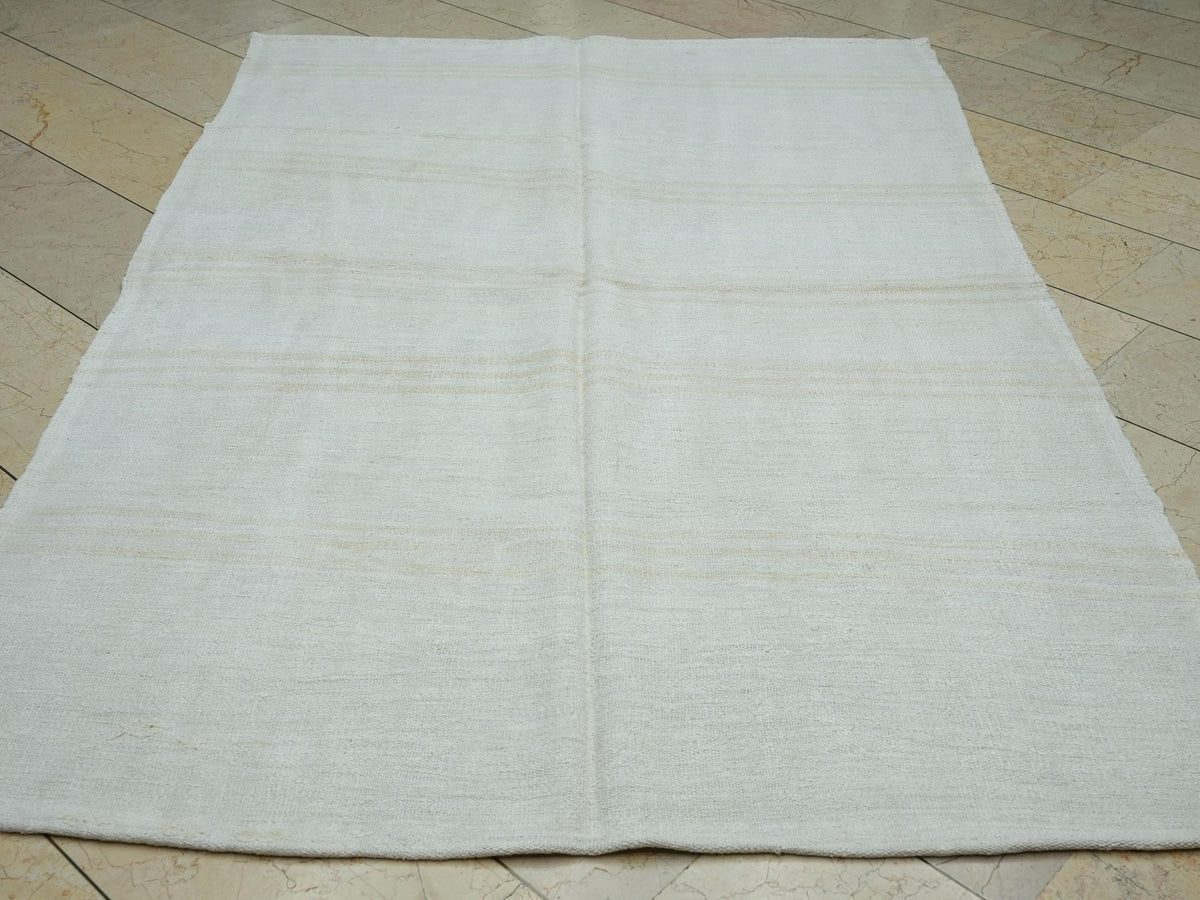 Eco-Friendly Minimalist Striped Vintage Hemp Kilim Rug: 5x8 Turkish Flat Woven Rugs.