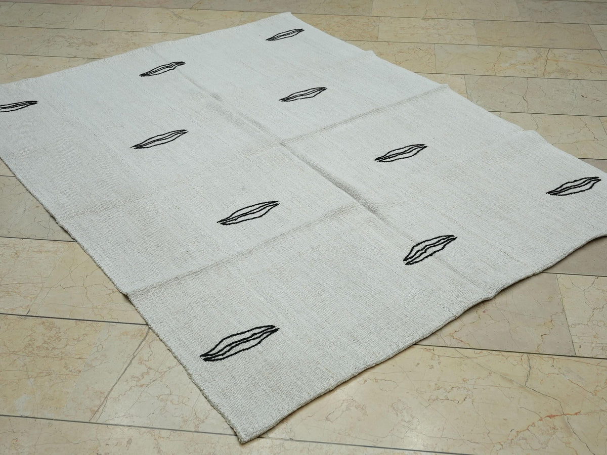 Turkish Hemp Kilim Rug: Vintage Black and White Flat Weave Rugs, 5x6.4 ft