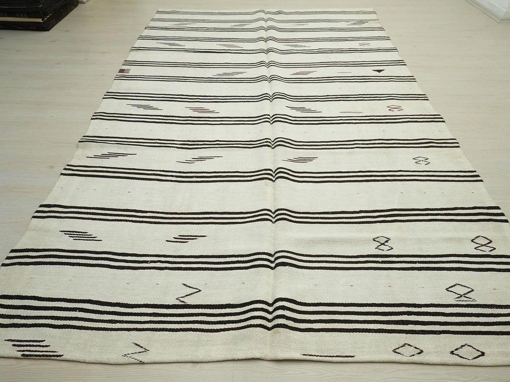Vintage Turkish Hemp Kilim Rug: White & Brown Flat Weave Stripe Rugs, 6.4"x11.2" Feet.