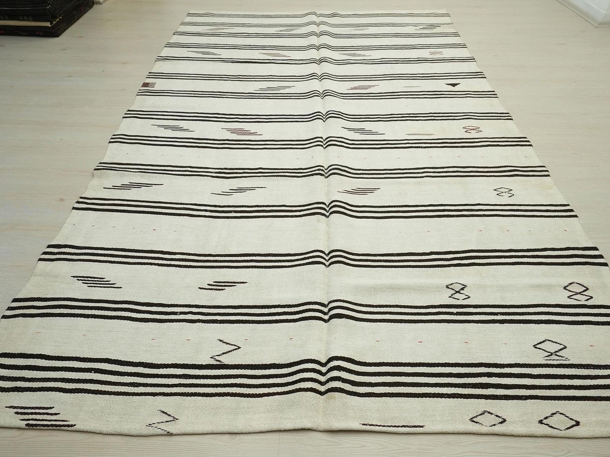 Vintage Turkish Hemp Kilim Rug: White & Brown Flat Weave Stripe Rugs, 6.4"x11.2" Feet.