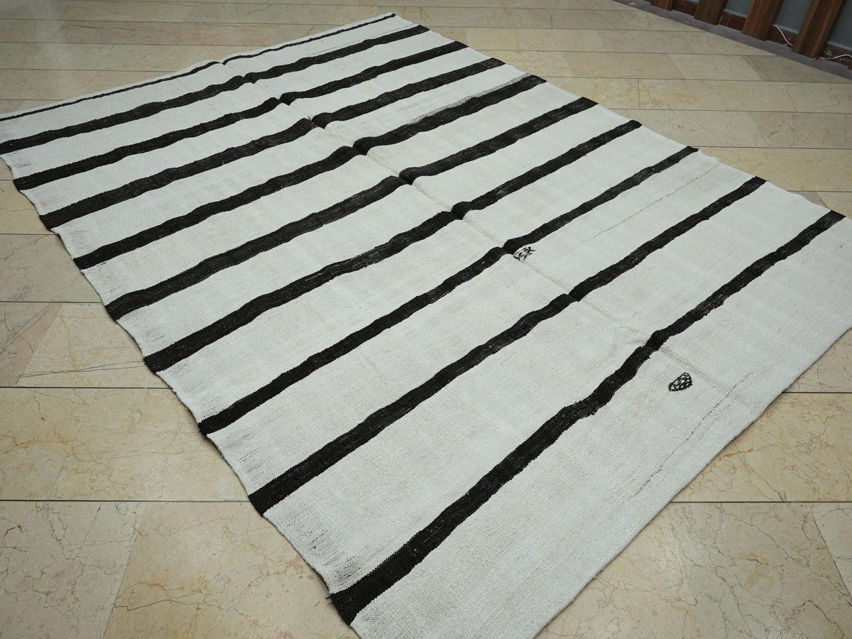 7x9 Summer Decor: Vintage Turkish Hemp Kilim Rug Flat Weave Primitive Stripe Rugs.