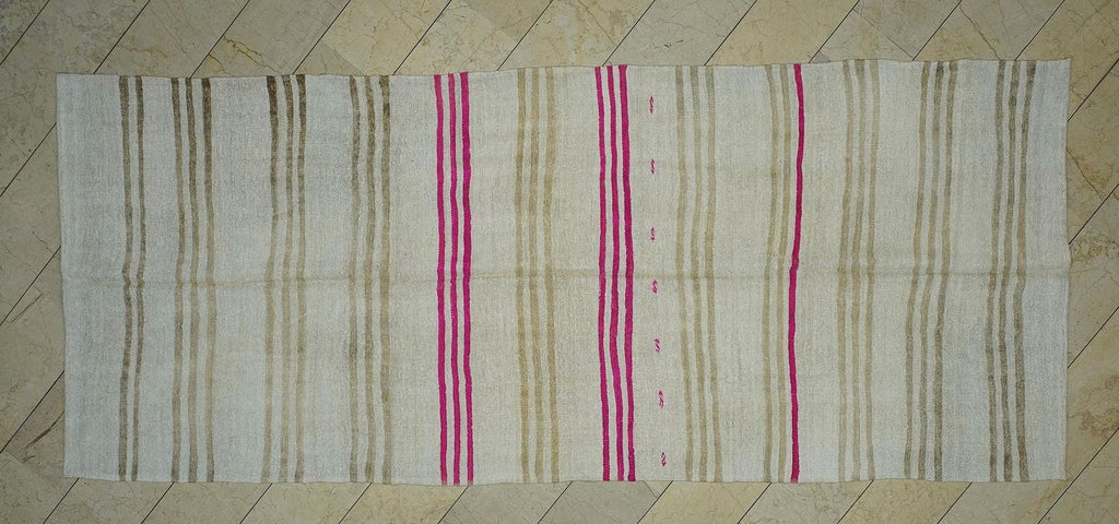 Minimalist Hidden Stripe Organic Hemp Kilim Rug,5.3x12.8 Ft,Handmade Primitive Decor Rugs