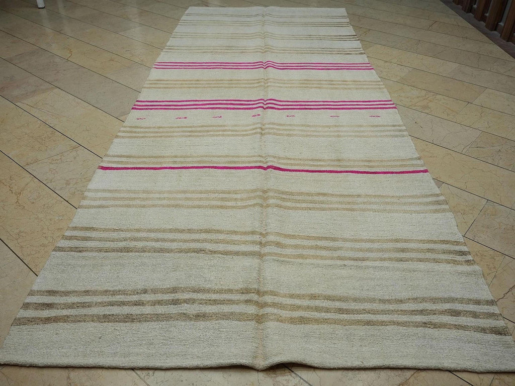 Minimalist Hidden Stripe Organic Hemp Kilim Rug,5.3x12.8 Ft,Handmade Primitive Decor Rugs
